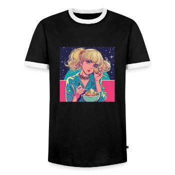 80er Jahre Anime Mädchen beruhigender hochwertiger Modedruck - Männer Kontrast-T-Shirt - Schwarz/Weiß - Vorne - AI Model Female 172 light (172cm) & AI Model Male 178 light (178cm)