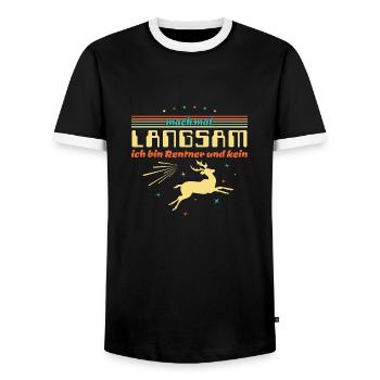 Funny saying - Slow down pensioners - Men's Ringer Shirt - black/white - Front - AI Model Female 172 light (172cm) & AI Model Male 178 light (178cm)