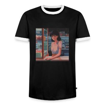 80s anime teen calming high quality fashion print - Men's Ringer Shirt - black/white - Front - AI Model Female 172 light (172cm) & AI Model Male 178 light (178cm)