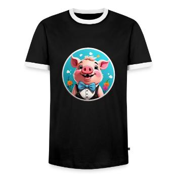 Funny Pig Comic - Men's Ringer Shirt - black/white - Front - AI Model Female 172 light (172cm) & AI Model Male 178 light (178cm)