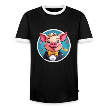 Funny Pig Comic - Men's Ringer Shirt - black/white - Front - AI Model Female 172 light (172cm) & AI Model Male 178 light (178cm)