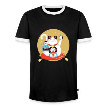 Maneki neko celebrates - Men's Ringer Shirt - black/white - Front - AI Model Female 172 light (172cm) & AI Model Male 178 light (178cm)