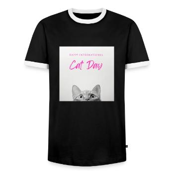 CATS DAY HAPPY INTERNATIONAL - Men's Ringer Shirt - black/white - Front - AI Model Female 172 light (172cm) & AI Model Male 178 light (178cm)