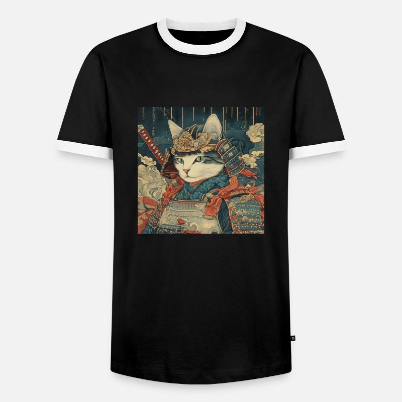 Katze Samurai Japan Ukiyo-E - Männer Kontrast-T-Shirt - Schwarz/Weiß