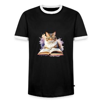 Cat with book - Men's Ringer Shirt - black/white - Front - AI Model Female 172 light (172cm) & AI Model Male 178 light (178cm)