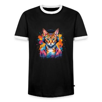 Kreativer Katzen DJ - Männer Kontrast-T-Shirt - Schwarz/Weiß - Vorne - AI Model Female 172 light (172cm) & AI Model Male 178 light (178cm)