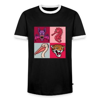 Pop Art Seahorse Pelican Bat Leopard - Men's Ringer Shirt - black/white - Front - AI Model Female 172 light (172cm) & AI Model Male 178 light (178cm)