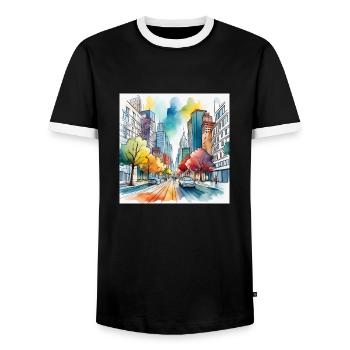 Colourful Autumn City Street - Men's Ringer Shirt - black/white - Front - AI Model Female 172 light (172cm) & AI Model Male 178 light (178cm)
