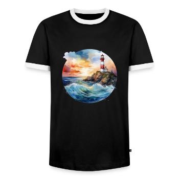 Phare majestueux au coucher du soleil avec des vagues déferlantes - T-shirt contrasté Homme - noir/blanc - Devant - AI Model Female 172 light (172cm) & AI Model Male 178 light (178cm)
