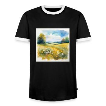 Serene Countryside Landscape with Wildflowers - Men's Ringer Shirt - black/white - Front - AI Model Female 172 light (172cm) & AI Model Male 178 light (178cm)