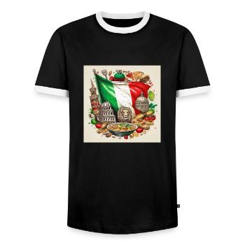 Italian Flag with Iconic Landmarks and Food Art - Men's Ringer Shirt - black/white - Front - AI Model Female 172 light (172cm) & AI Model Male 178 light (178cm)