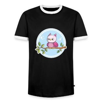 Hibou mignon sur une branche - T-shirt contrasté Homme - noir/blanc - Devant - AI Model Female 172 light (172cm) & AI Model Male 178 light (178cm)