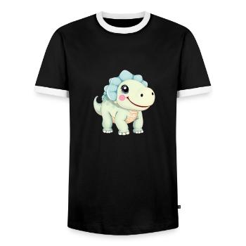 Niedlicher Cartoon-Dinosaurier mit freundlichem Lächeln - Männer Kontrast-T-Shirt - Schwarz/Weiß - Vorne - AI Model Female 172 light (172cm) & AI Model Male 178 light (178cm)