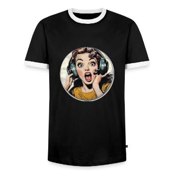 Wow moment: pure retro surprise! - Men's Ringer Shirt - black/white - Front - AI Model Female 172 light (172cm) & AI Model Male 178 light (178cm)