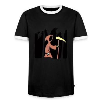 Dead Grim Reaper Scythe Death Cowl Cartoon Funny Cool - Men's Ringer Shirt - black/white - Front - AI Model Female 172 light (172cm) & AI Model Male 178 light (178cm)