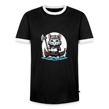 Cat Wikinger Viking Katze Geschenk Süß - Männer Kontrast-T-Shirt - Schwarz/Weiß - Vorne - AI Model Female 172 light (172cm) & AI Model Male 178 light (178cm)