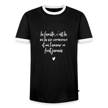 FAMILY IS WHERE LIFE BEGINS - Men's Ringer Shirt - black/white - Front - AI Model Female 172 light (172cm) & AI Model Male 178 light (178cm)