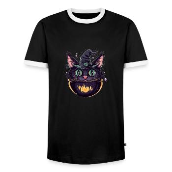 Cat Cauldron Cat Witch Halloween - Men's Ringer Shirt - black/white - Front - AI Model Female 172 light (172cm) & AI Model Male 178 light (178cm)