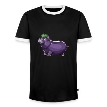 Hippopotamus Eggplant Funny Animal and Vegetable Motif - Men's Ringer Shirt - black/white - Front - AI Model Female 172 light (172cm) & AI Model Male 178 light (178cm)