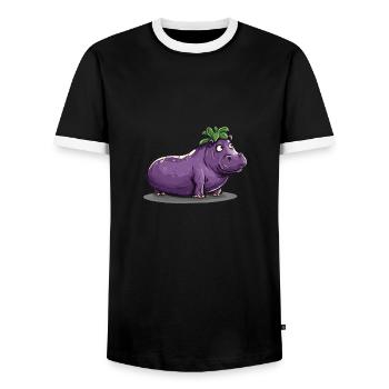 Hippopotamus Eggplant Funny Animal and Vegetable Motif - Men's Ringer Shirt - black/white - Front - AI Model Female 172 light (172cm) & AI Model Male 178 light (178cm)