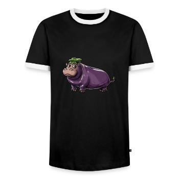 Hippopotamus Eggplant Funny Animal and Vegetable Motif - Men's Ringer Shirt - black/white - Front - AI Model Female 172 light (172cm) & AI Model Male 178 light (178cm)
