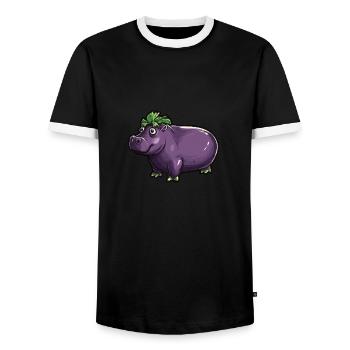 Hippopotamus Eggplant Funny Animal and Vegetable Motif - Men's Ringer Shirt - black/white - Front - AI Model Female 172 light (172cm) & AI Model Male 178 light (178cm)