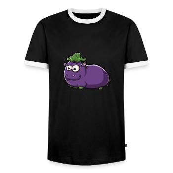 Hippopotamus Eggplant Funny Animal and Vegetable Motif - Men's Ringer Shirt - black/white - Front - AI Model Female 172 light (172cm) & AI Model Male 178 light (178cm)