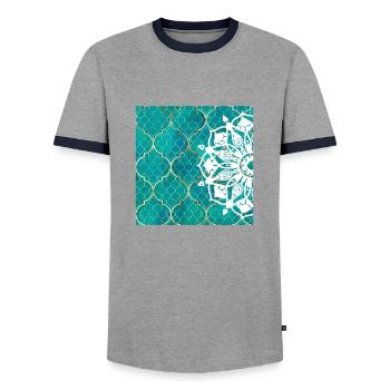 Teal Mandala Moroccan Art - Men's Ringer Shirt - grey/navy  - Front - AI Model Female 172 light (172cm) & AI Model Male 178 light (178cm)