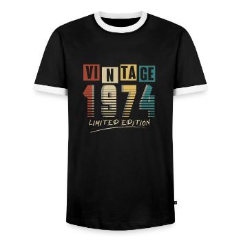 1974 Vintage 1974 Born in 1974 Birthday. Year 2 - Men's Ringer Shirt - black/white - Front - AI Model Female 172 light (172cm) & AI Model Male 178 light (178cm)