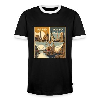 Vintage Travel Poster: A Nostalgic Journey - Men's Ringer Shirt - black/white - Front - AI Model Female 172 light (172cm) & AI Model Male 178 light (178cm)