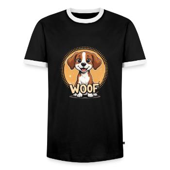 Dog says WOOF - Men's Ringer Shirt - black/white - Front - AI Model Female 172 light (172cm) & AI Model Male 178 light (178cm)