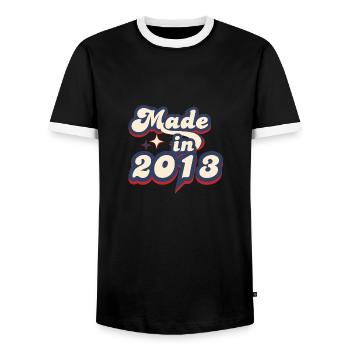 Made in 2013 retro - Men's Ringer Shirt - black/white - Front - AI Model Female 172 light (172cm) & AI Model Male 178 light (178cm)