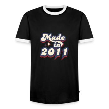 Made in 2011 retro - Men's Ringer Shirt - black/white - Front - AI Model Female 172 light (172cm) & AI Model Male 178 light (178cm)