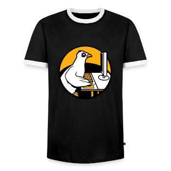 Pigeon Works Office Computer Keyboard Mouse Gamer - Men's Ringer Shirt - black/white - Front - AI Model Female 172 light (172cm) & AI Model Male 178 light (178cm)