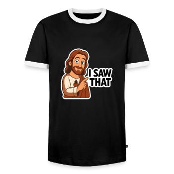 Jesus I Saw That – Funny Christian Meme Shirt - Men's Ringer Shirt - black/white - Front - AI Model Female 172 light (172cm) & AI Model Male 178 light (178cm)