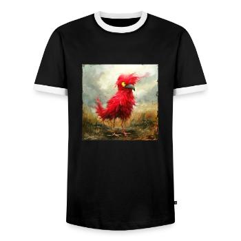 Petit oiseau rouge ébouriffé aux yeux jaunes - T-shirt contrasté Homme - noir/blanc - Devant - AI Model Female 172 light (172cm) & AI Model Male 178 light (178cm)
