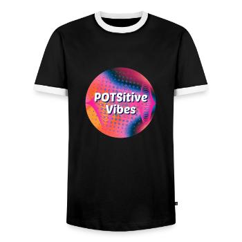 POTSitive Vibes bunter Hintergrund Wellen - Männer Kontrast-T-Shirt - Schwarz/Weiß - Vorne - AI Model Female 172 light (172cm) & AI Model Male 178 light (178cm)