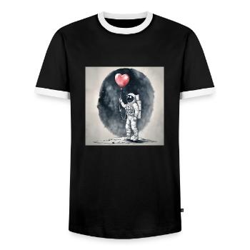 Astronaut auf Mond mit rotem Ballon in Herzform - Männer Kontrast-T-Shirt - Schwarz/Weiß - Vorne - AI Model Female 172 light (172cm) & AI Model Male 178 light (178cm)