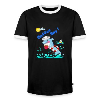Coffee Spy Secret Sticker With Сyber- Marine Vibe - Men's Ringer Shirt - black/white - Front - AI Model Female 172 light (172cm) & AI Model Male 178 light (178cm)