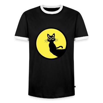 Cat Cute Moon Round Cliff Mountain Night Big Eyes - Men's Ringer Shirt - black/white - Front - AI Model Female 172 light (172cm) & AI Model Male 178 light (178cm)