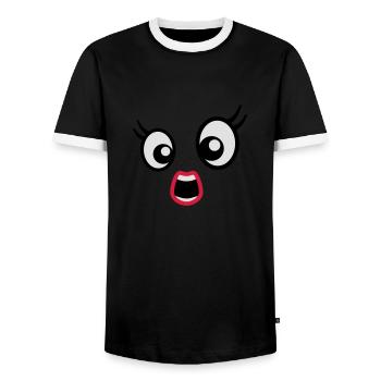 Erschrocken gucken Cartoon Gesicht Frau Weiblich - Männer Kontrast-T-Shirt - Schwarz/Weiß - Vorne - AI Model Female 172 light (172cm) & AI Model Male 178 light (178cm)