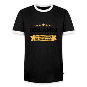 Benjamin – Der Name steht für Top-Qualität! - Männer Kontrast-T-Shirt - Schwarz/Weiß - Vorne - AI Model Female 172 light (172cm) & AI Model Male 178 light (178cm)