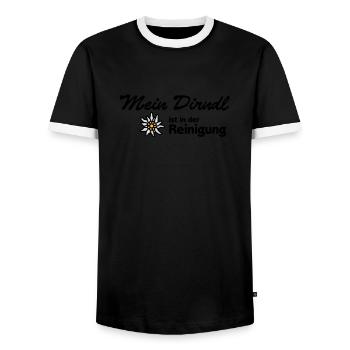 "My dirndl is in the cleaning" | - Men's Ringer Shirt - black/white - Front - AI Model Female 172 light (172cm) & AI Model Male 178 light (178cm)