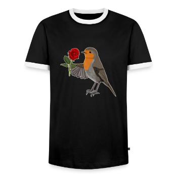 Robin with red rose bird motif - Men's Ringer Shirt - black/white - Front - AI Model Female 172 light (172cm) & AI Model Male 178 light (178cm)