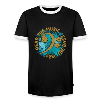 Sentez les basses. Clef de fa - T-shirt contrasté Homme - noir/blanc - Devant - AI Model Female 172 light (172cm) & AI Model Male 178 light (178cm)