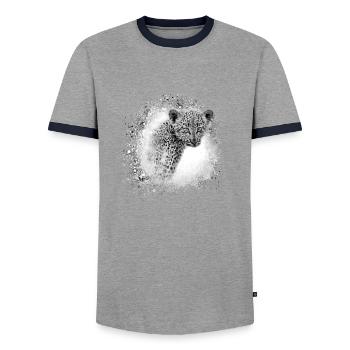 leopard, cat, wildcat, graffiti, painting, grey - Men's Ringer Shirt - grey/navy  - Front - AI Model Female 172 light (172cm) & AI Model Male 178 light (178cm)