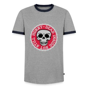dead inside but horny - Men's Ringer Shirt - grey/navy  - Front - AI Model Female 172 light (172cm) & AI Model Male 178 light (178cm)