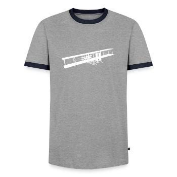 Historisches Motorflugzeug von 1905 - Männer Kontrast-T-Shirt - Grau/Navy  - Vorne - AI Model Female 172 light (172cm) & AI Model Male 178 light (178cm)
