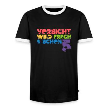 Kinder 5. Geburtstag 5 Jahre Dino Dinosaurier - Männer Kontrast-T-Shirt - Schwarz/Weiß - Vorne - AI Model Female 172 light (172cm) & AI Model Male 178 light (178cm)