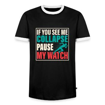 If You See Me Collapse Pause My Watch Triathlete - Men's Ringer Shirt - black/white - Front - AI Model Female 172 light (172cm) & AI Model Male 178 light (178cm)